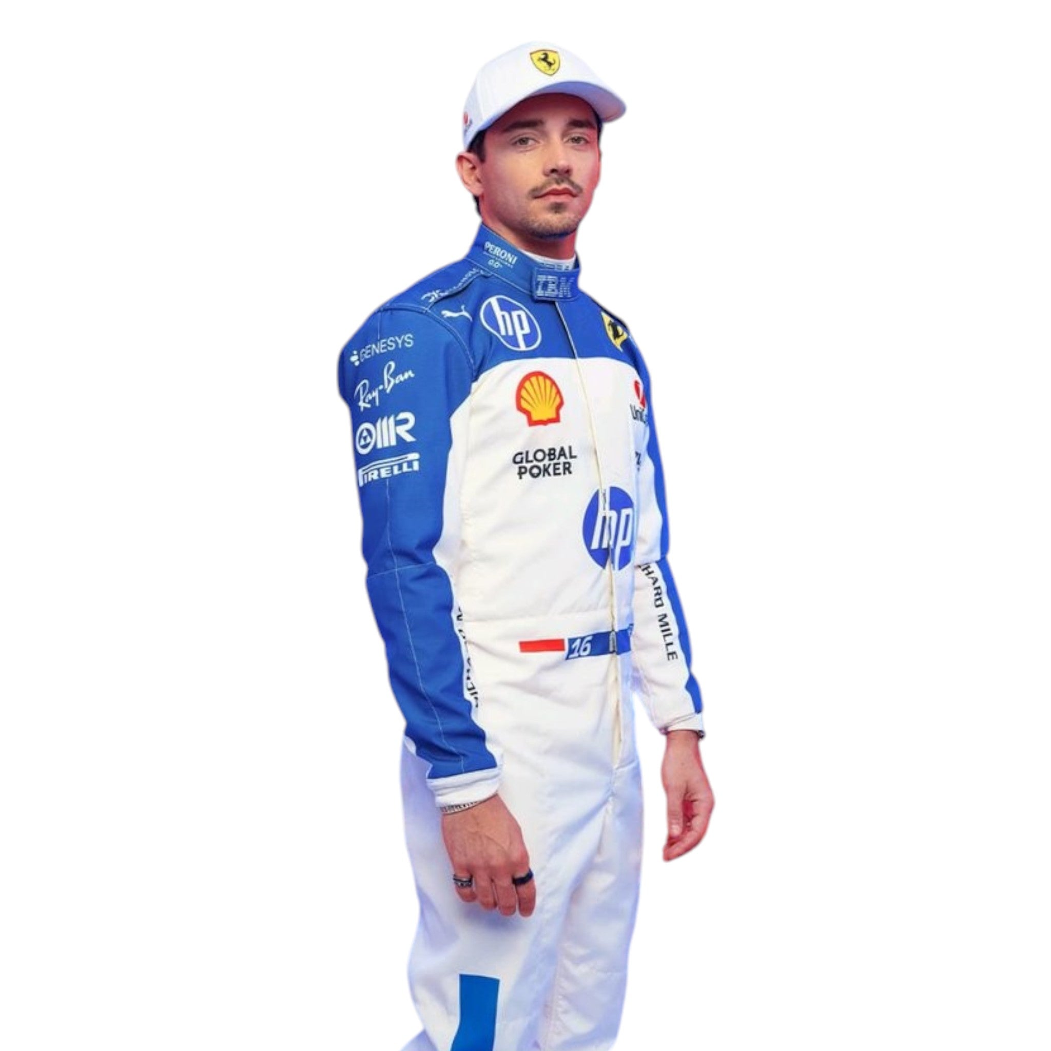 Charles Leclerc 2025 White & Blue HP Ferrari Kart Race Suit | Scuderia Ferrari - My Racing Suits